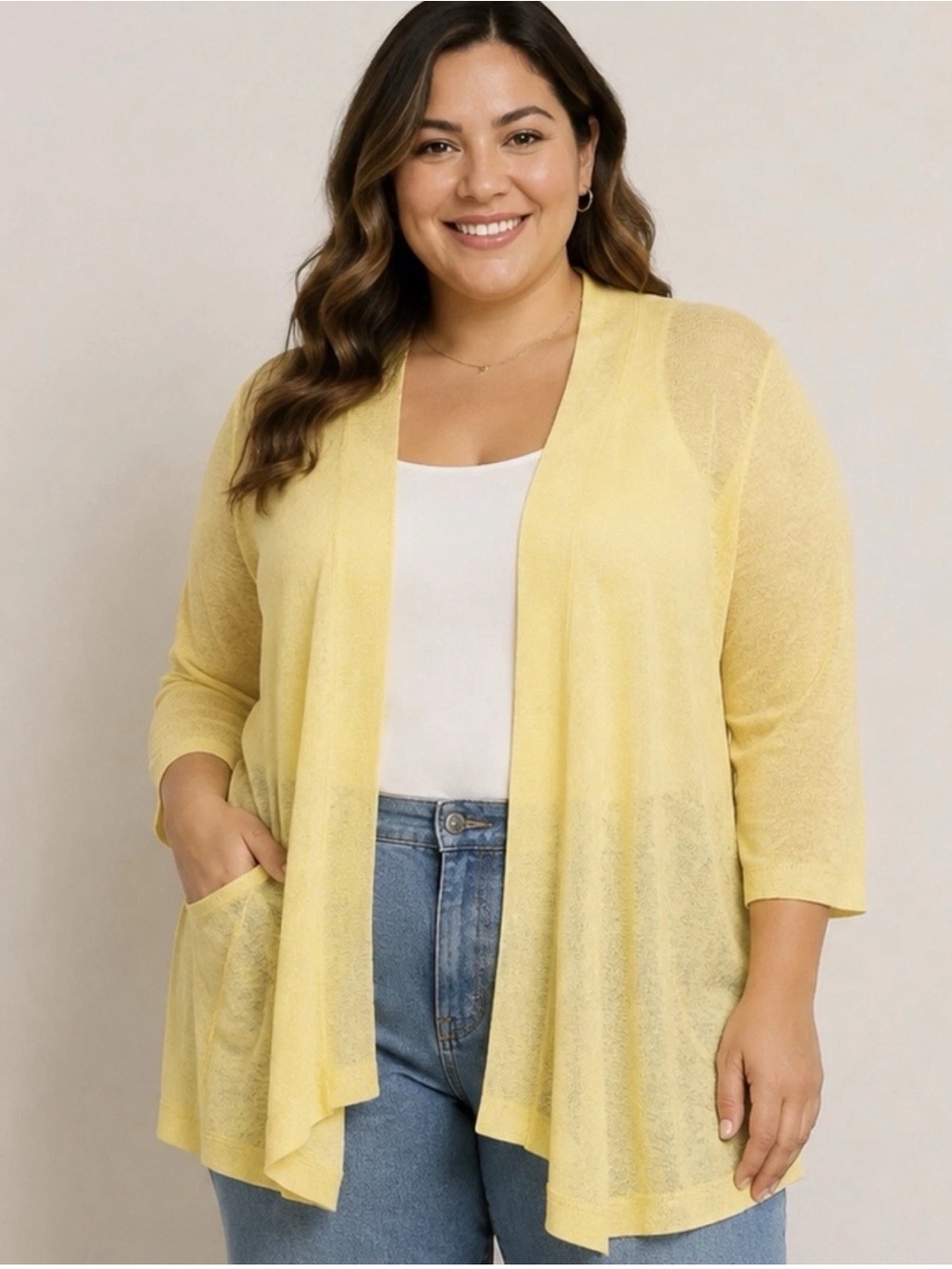 Denim & Co. Slub Knit Open Front 3/4-Sleeve Cardigan Pale Yellow Size L A721692